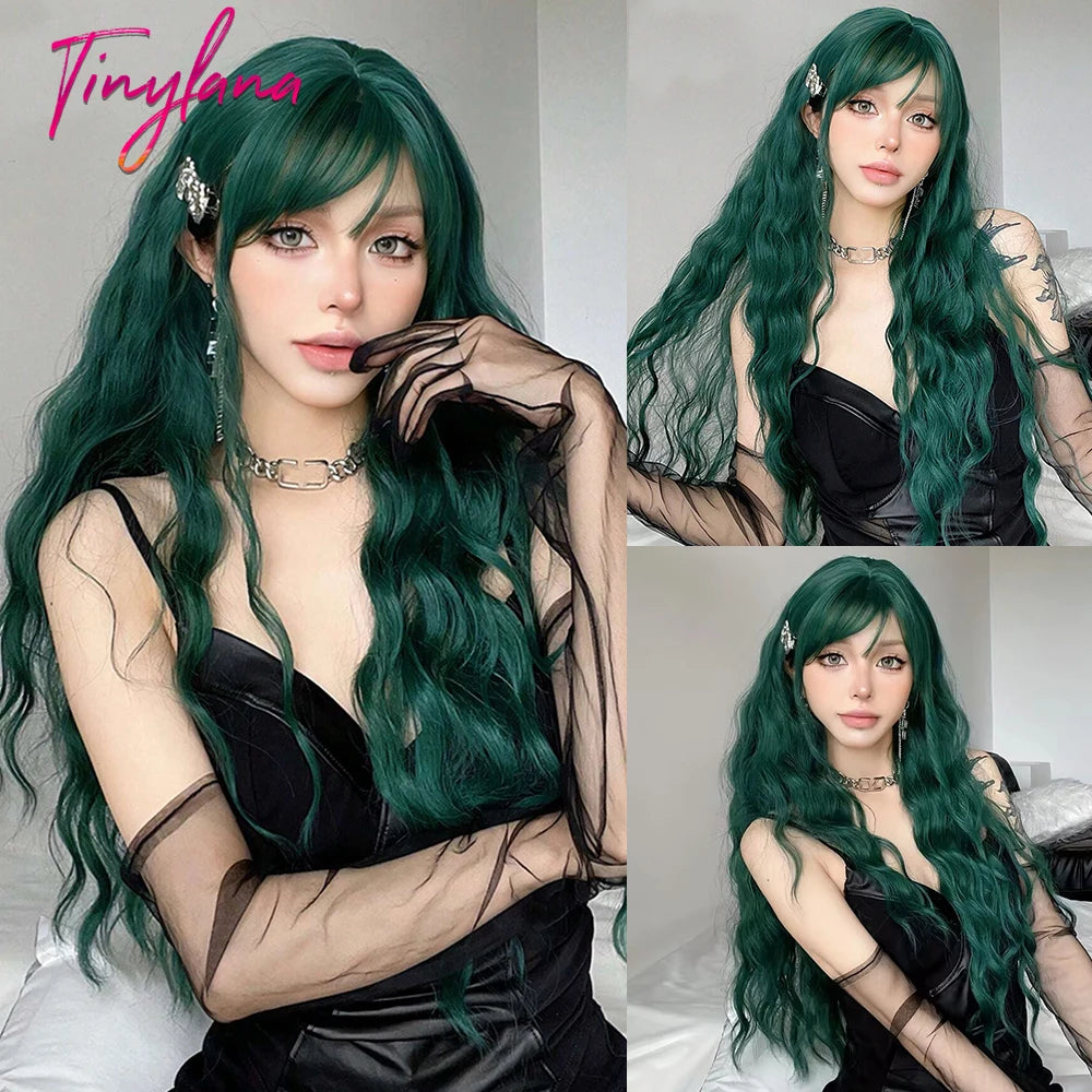 Long Curly Green Wavy Synthetic Wigs with Bangs for Women Green Cosplay Colorful Wigs Christmas Natural Fake Hair Heat Resistant - I NOW BUY