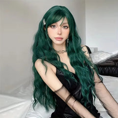 Long Curly Green Wavy Synthetic Wigs with Bangs for Women Green Cosplay Colorful Wigs Christmas Natural Fake Hair Heat Resistant - I NOW BUY