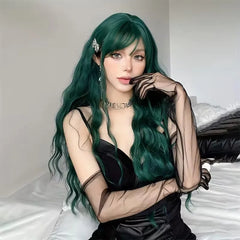 Long Curly Green Wavy Synthetic Wigs with Bangs for Women Green Cosplay Colorful Wigs Christmas Natural Fake Hair Heat Resistant - I NOW BUY