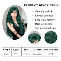 Long Curly Green Wavy Synthetic Wigs with Bangs for Women Green Cosplay Colorful Wigs Christmas Natural Fake Hair Heat Resistant - I NOW BUY